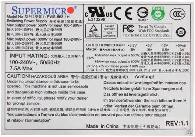 Alt view image 4 of 6 - SuperMicro PWS-563-1H 24Pin 560W 1U Multi output Server Power Supply 80PLUS gold