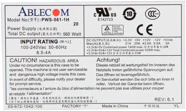 Alt view image 4 of 6 - SuperMicro PWS-561-1H20 20Pin 560W 1U Multi output Server Power Supply 80Plus