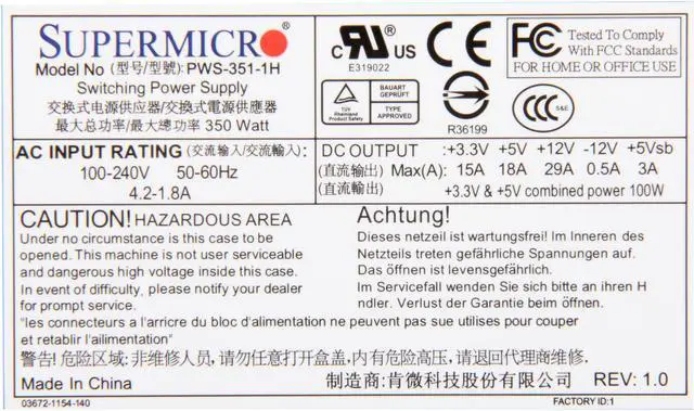 Alt view image 5 of 6 - SuperMicro PWS-351-1H 24Pin 350W 1U Multi-output Server Power Supply 80Plus gold