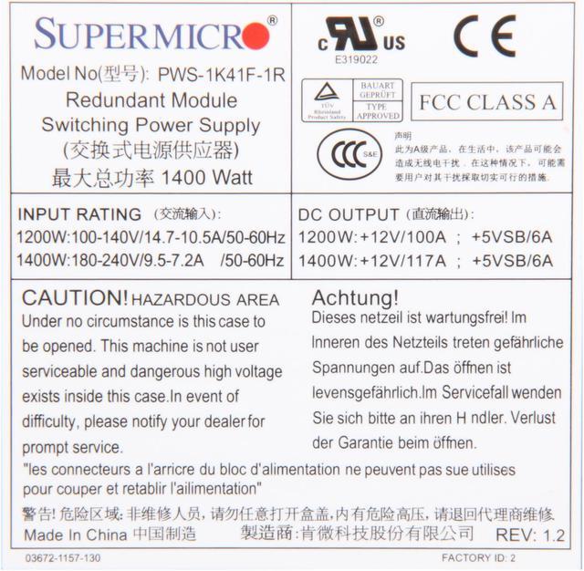 Alt view image 4 of 5 - SuperMicro PWS-1K41F-1R 24Pin 1400W 1U Server Power Supply 80Plus Gold Front Loaded