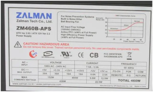 Alt view image 4 of 8 - ZALMAN ZM460B-APS 460W Continuous @ 45°C ATX12V V2.2 / EPS12V V2.91 SLI Ready CrossFire Ready  Active PFC Power Supply