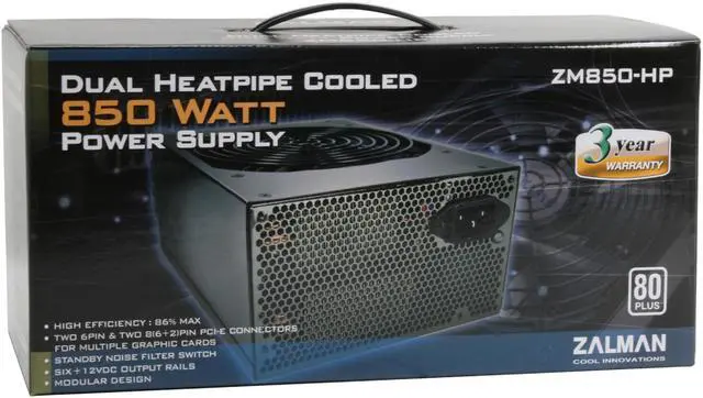 Alt view image 9 of 9 - ZALMAN ZM850-HP 850W Continuous @ 45°C
(Maximum Continuous Peak: 1050W) ATX12V V2.2 / EPS12V V2.91 SLI Certified CrossFire Ready 80 PLUS Certified Modular Active PFC Modular Heatpipe-Cooled SLI Power Supply