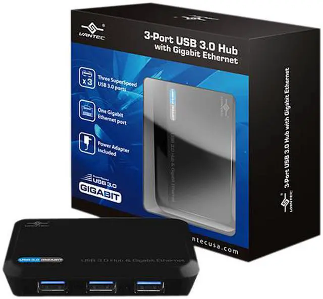 Alt view image 4 of 4 - VANTEC UGT-MH330GNA 3-Port USB 3.0 Hub with Gigabit Ethernet Port