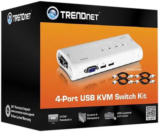 Alt view image 10 of 11 - TRENDnet 4-Port USB KVM Switch Kit, VGA And USB Connections, 2048 x 1536 Resolution, Cabling Included, Control Up To 4 Computers, Compliant With Window, Linux, and Mac OS, White, TK-407K
