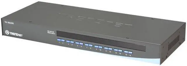 Main image of TRENDnet 16-Port Rack Mount USB KVM Switch, VGA and USB Connection, Supports USB and PS/2, Auto-Scan, Device Monitoring, Audible Feedback, Plug and Play, Hot Pluggable, Rack Mountable, Black, TK-1603R