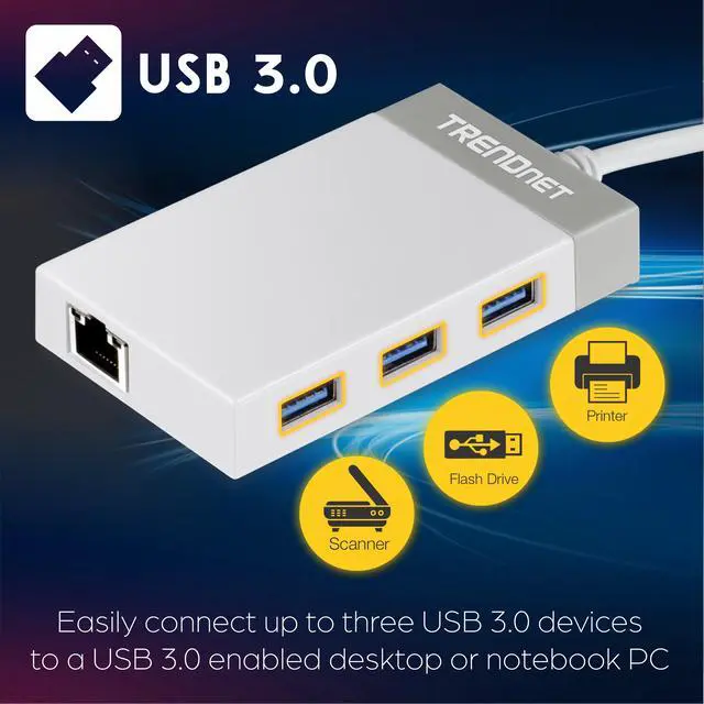Alt view image 4 of 10 - TRENDnet 3-Port USB 3.0 Hub with 10/100/1000 Mbps Gigabit Ethernet Adapter (3 USB 3.0 Ports, a RJ45 Gigabit Ethernet Port), Support XP, Vista, Windows 7, 8, 8.1, 10, Mac OS 10.6-10.9, Nintendo Switch, TU3-ETGH3