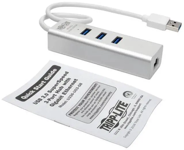 Alt view image 7 of 7 - Tripp Lite USB 3.0 SuperSpeed to Gigabit Ethernet (GbE) NIC Network Adapter with 3 Port USB 3.0 Hub, USB Type-A (U336-U03-GB)