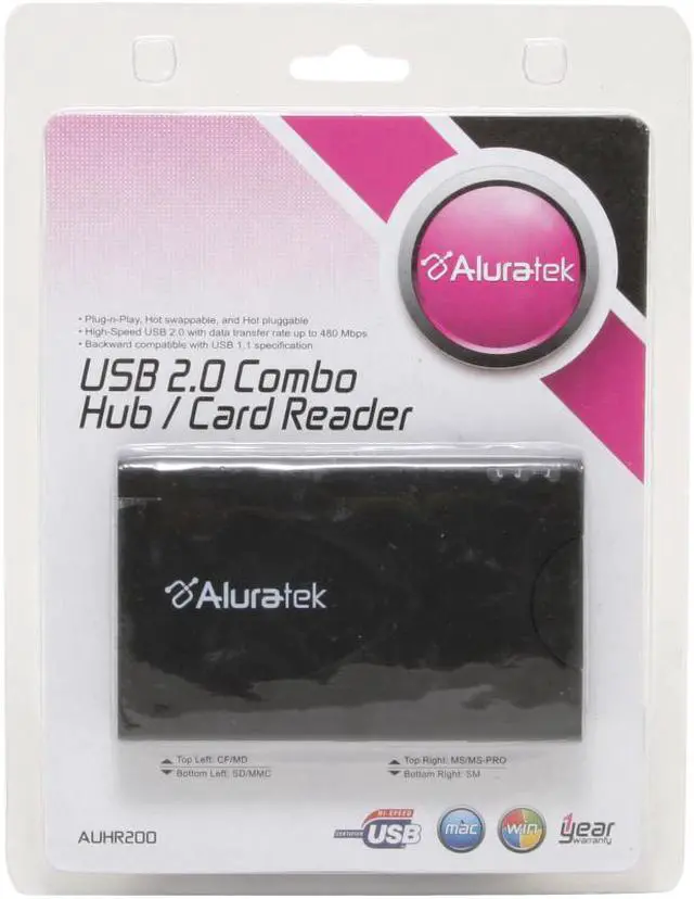 Alt view image 7 of 7 - Aluratek AUHR200 USB 2.0 Hub/Card Reader Combo