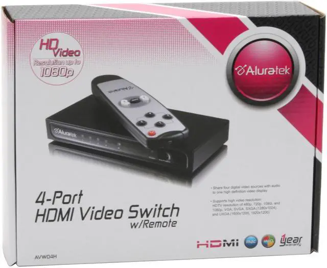 Alt view image 6 of 6 - Aluratek AVW04H 4-Port HDMI Video Switch w/remote