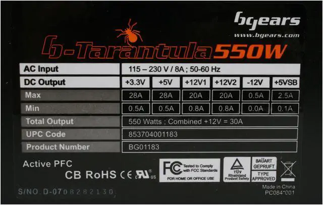 Alt view image 5 of 10 - Bgears b-Tarantula-550W 550 W ATX12V / EPS12V SLI Ready CrossFire Ready Modular Active PFC Power Supply