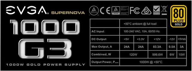 Alt view image 4 of 8 - EVGA SuperNOVA 1000 G3, 220-G3-1000-X1, 80+ GOLD, 1000W Fully Modular, EVGA ECO Mode with New HDB Fan, Includes FREE Power On Self Tester, Compact 150mm Size, Power Supply