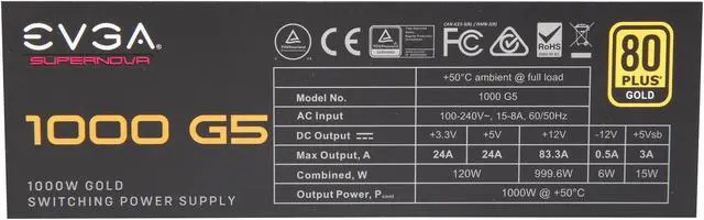 Alt view image 6 of 7 - EVGA SuperNOVA 1000 G5, 80 Plus Gold 1000W, Fully Modular, ECO Mode with Fdb Fan, 100% Japanese Capacitors, 10 Year Warranty, Compact 150mm Size, Power Supply 220-G5-1000-X1