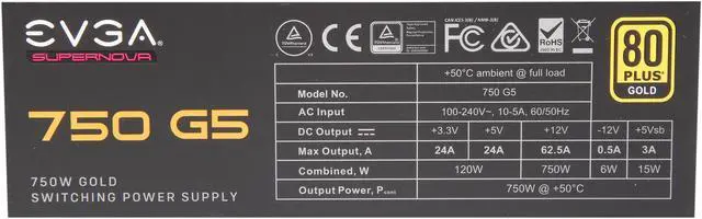 Alt view image 7 of 7 - EVGA SuperNOVA 750 G5, 80 Plus Gold 750W, Fully Modular, ECO Mode with Fdb Fan, 100% Japanese Capacitors, 10 Year Warranty, Compact 150mm Size, Power Supply 220-G5-0750-X1