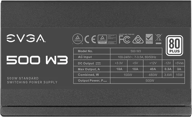 Alt view image 2 of 9 - EVGA 500 W3, 80+ 500W, Compact 140mm Size, Non-Modular Active PFC Power Supply, 3 Year Warranty, 100-W3-0500-K1