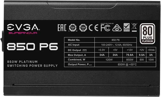 Alt view image 5 of 9 - EVGA SuperNOVA 850 P6, 80 Plus Platinum 850W, Fully Modular, Eco Mode with FDB Fan, 10 Year Warranty, Includes Power ON Self Tester, Compact 140mm Size, Power Supply 220-P6-0850-X1