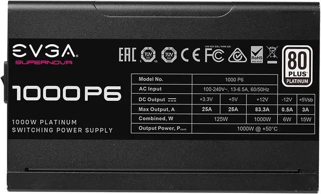 Alt view image 5 of 9 - EVGA SuperNOVA 1000 P6, 80 Plus Platinum 1000W, Fully Modular, Eco Mode with FDB Fan, 10 Year Warranty, Includes Power ON Self Tester, Compact 140mm Size, Power Supply 220-P6-1000-X1