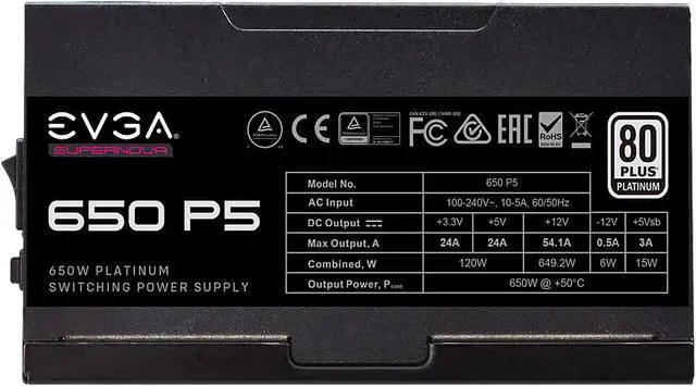 Alt view image 6 of 9 - EVGA SuperNOVA 650 P5, 80 Plus Platinum 650W, Fully Modular, Eco Mode with FDB Fan, 10 Year Warranty, Includes Power ON Self Tester, Compact 150mm Size, Power Supply 220-P5-0650-X1