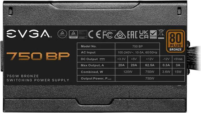 Alt view image 3 of 7 - EVGA 750 BP, 80+ BRONZE 750W, 3 Year Warranty, Compact 120mm Size, Power Supply 100-BP-0750-K1