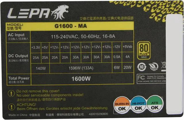 Alt view image 5 of 7 - LEPA G Series G1600-MA 1600 W ATX12V / EPS12V SLI Ready CrossFire Ready 80 PLUS GOLD Certified Full Modular Power Supply