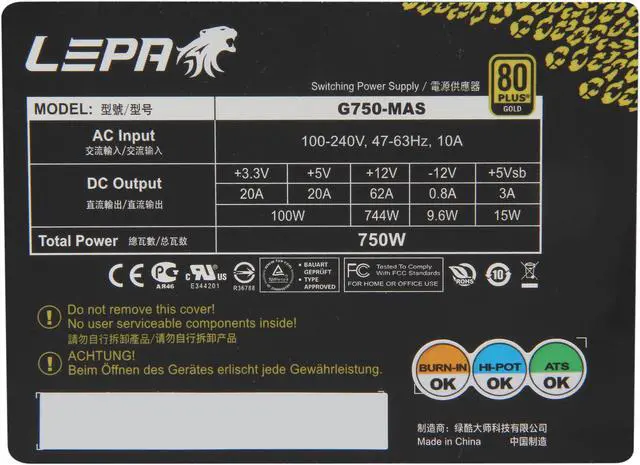 Alt view image 5 of 8 - LEPA G Series G750-MAS 750 W ATX12V / EPS12V SLI Ready CrossFire Ready 80 PLUS GOLD Certified Modular Active PFC Power Supply