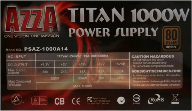Alt view image 5 of 7 - AZZA Titan 1000W PSAZ-1000A14 ATX & EPS 12V v2.92 SLI Ready CrossFire Ready 80 PLUS BRONZE Certified  Active PFC Power Supply
