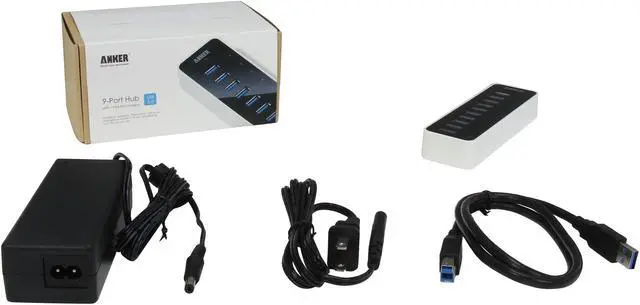 Alt view image 5 of 5 - Anker 68ANHUB-B10A Uspeed USB 3.0 9-Port Hub + 5V 2.1A Charging Port with 12V 5A Power Adapter