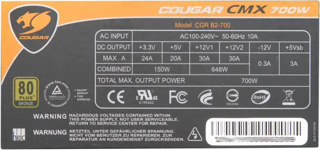 Alt view image 5 of 7 - COUGAR CMX 700 COUGAR-700CMX 700 W ATX12V / EPS12V SLI Ready CrossFire Ready 80 PLUS BRONZE Certified Yes, flexible cable management Active PFC Power Supply