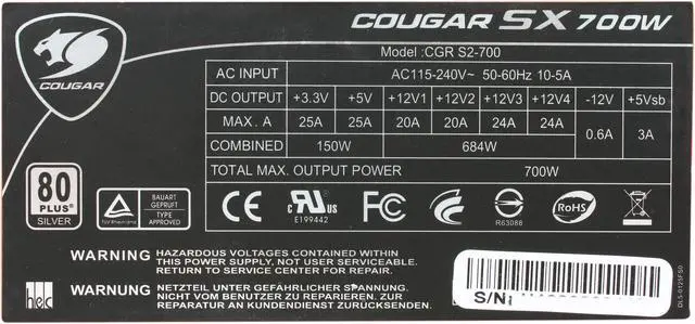Alt view image 5 of 7 - COUGAR SX700 COUGAR-SX700 700 W ATX12V / EPS12V SLI Ready CrossFire Ready 80 PLUS SILVER Certified Yes, flexible cable management Active PFC Power Supply