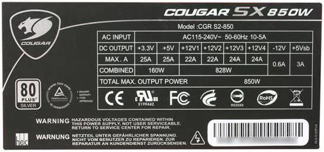 Alt view image 5 of 7 - COUGAR SX850 COUGAR-SX850 850 W ATX12V / EPS12V SLI Ready CrossFire Ready 80 PLUS SILVER Certified Yes, flexible cable management Active PFC Power Supply