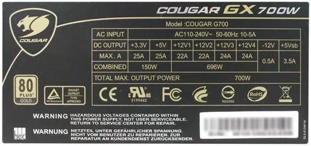 Alt view image 5 of 7 - COUGAR COUGAR-GX700 700 W ATX12V / EPS12V SLI Ready CrossFire Certified 80 PLUS GOLD Certified Modular Active PFC Power Supply