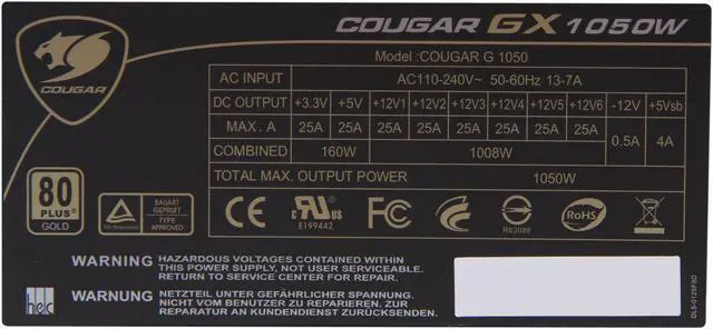 Alt view image 6 of 7 - COUGAR COUGAR-GX1050 1050 W ATX12V / EPS12V SLI Ready CrossFire Ready 80 PLUS GOLD Certified Semi-Modular Active PFC Power Supply