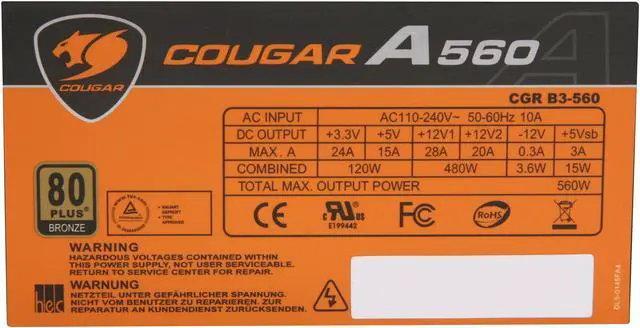 Alt view image 5 of 7 - COUGAR A-Series A560 (CGR B3-560) 560 W ATX12V SLI Ready CrossFire Ready 80 PLUS BRONZE Certified Ultra Quiet Power Supply