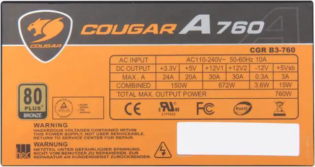 Alt view image 5 of 5 - COUGAR A-Series A760 (CGR B3-760) 760 W ATX12V SLI Ready CrossFire Ready 80 PLUS BRONZE Certified Ultra Quiet Power Supply