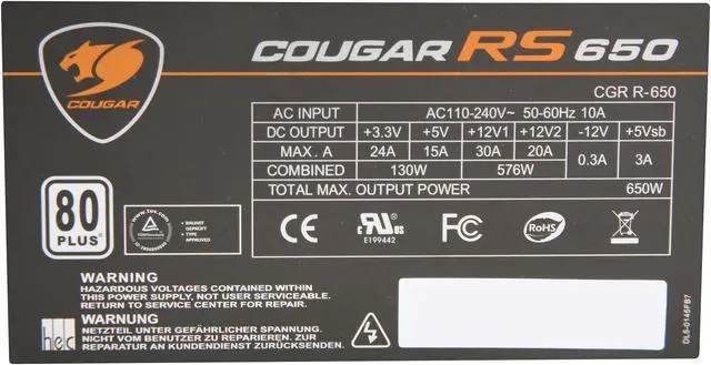 Alt view image 5 of 7 - COUGAR RS-Series RS650 (CGR R-650) 650 W ATX12V SLI Ready CrossFire Ready 80 PLUS Certified Active PFC Power Supply