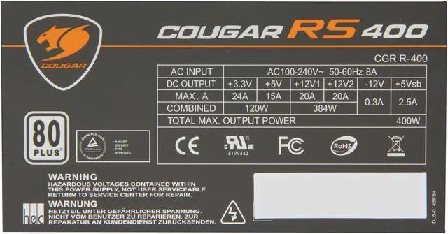 Alt view image 5 of 7 - COUGAR RSB400 400 Watt 80-Plus Power Supply with Active PFC and ULTRA-QUIET & TEMPERATURE-CONTROLLED FAN