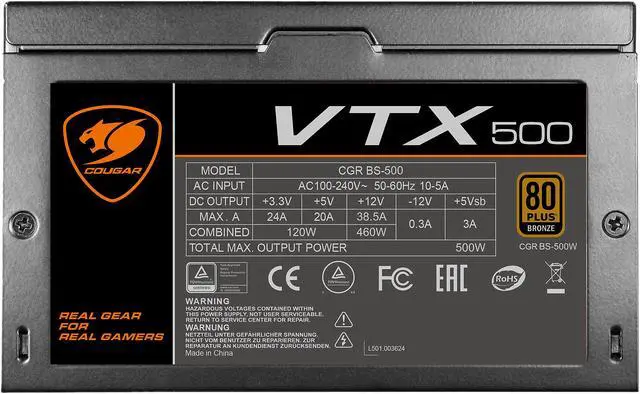 Alt view image 7 of 7 - COUGAR VTX500 500 W ATX12V 80 PLUS BRONZE Certified Power Supply