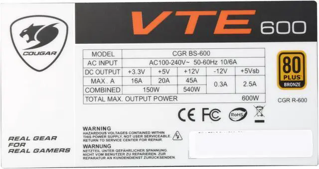 Alt view image 7 of 8 - COUGAR VTE600 600 W ATX12V 80 PLUS BRONZE Certified Non-Modular Active PFC Power Supply