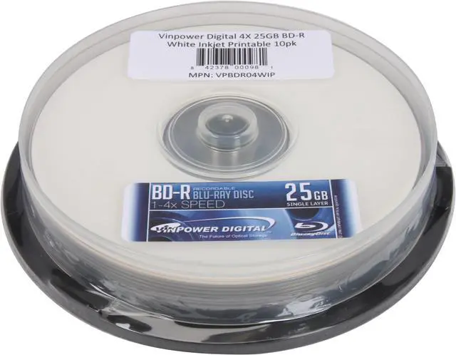 Alt view image 2 of 2 - Vinpower Digital 25GB 4X BD-R White Inkjet Printable 10 Packs Spindle Disc Model VP/BD-R/04/WIP