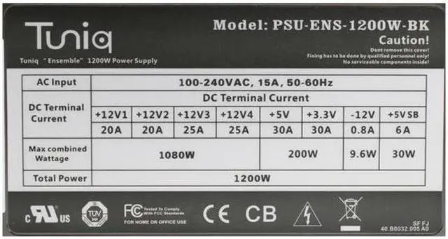 Alt view image 5 of 10 - Tuniq Ensemble 1200 W ATX12V / EPS12V SLI Ready CrossFire Ready Active PFC Power Supply