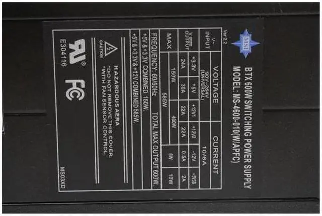Alt view image 3 of 10 - MSI TurboStream 600W 600 W ATX 12V V2.2/ EPS 12V/ BTX SLI Ready Active PFC Power Supply