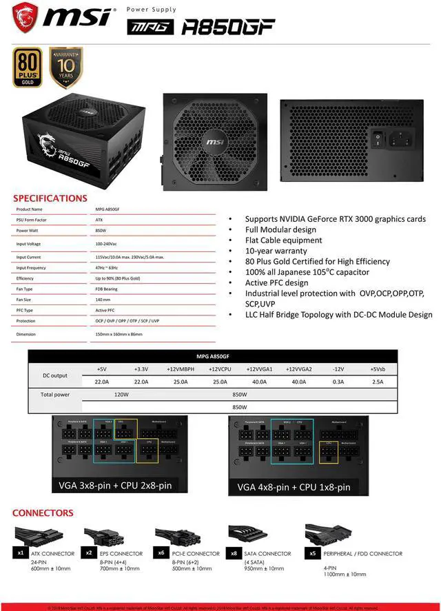 Alt view image 13 of 16 - MSI - MPG A850GF PCIE 5.0, 80 GOLD Full Modular Gaming PSU, Japanese Electrolytic capacitor, 850W ATX Power Supply