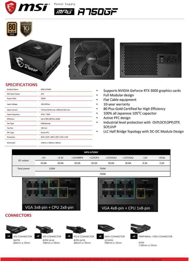 Alt view image 12 of 14 - MSI MPG A750GF, 80 GOLD Full Modular Gaming PSU, Japanese Electrolytic capacitor, 750W ATX Power Supply