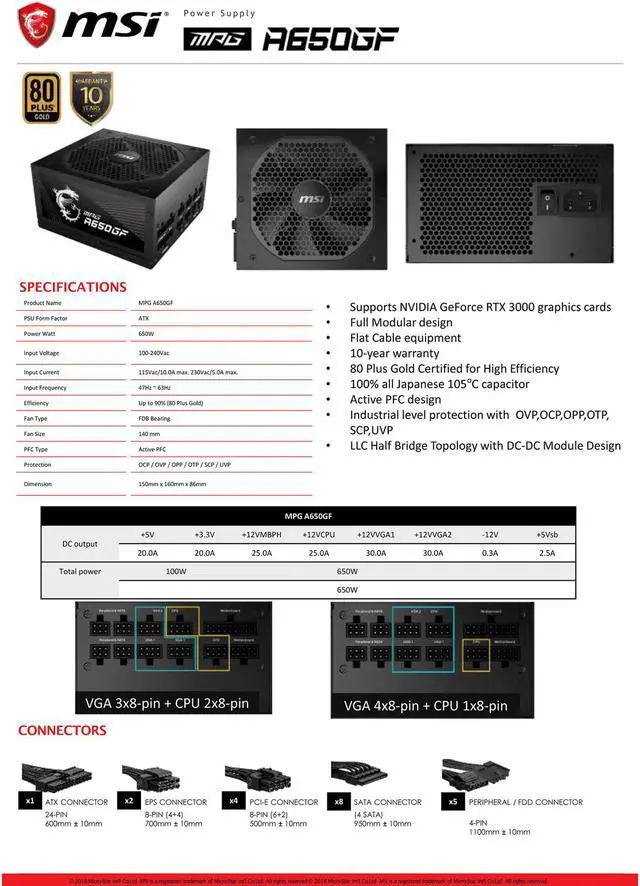 Alt view image 12 of 14 - MSI - MPG A650GF, 80 GOLD Full Modular Gaming PSU, Japanese Electrolytic capacitor, 650W ATX Power Supply