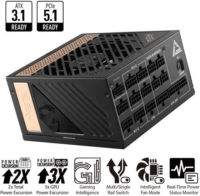Main image of MSI - MEG Ai1300P PCIE5, 80+ PLATINUM Full Modular Gaming PSU, 12V-2x6 Cable, 5080 5090 ATX 3.1 & PCIE 5.1 Ready, 1300W Power Supply, 10 Year Warranty