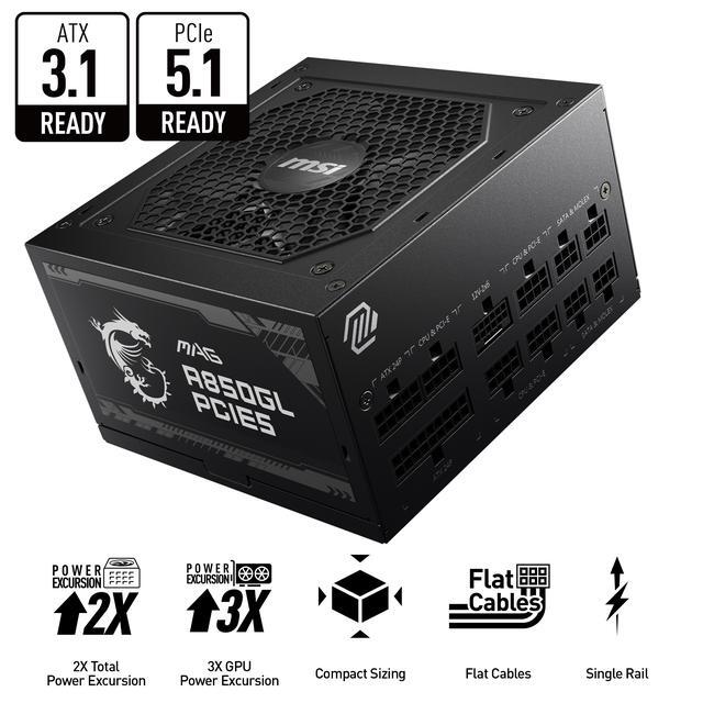 MSI - MAG A850GL PCIE5, 80+ GOLD Fully Modular Gaming PSU, 12V-2x6 Cable,ATX 3.1 & PCIE 5.1 Ready, 850W Power Supply, 10 Year Warranty