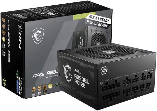 Main image of MSI - MAG A850GL PCIE5, 80+ GOLD Fully Modular Gaming PSU, 12V-2x6 Cable,ATX 3.1 & PCIE 5.1 Ready, 850W Power Supply, 10 Year Warranty