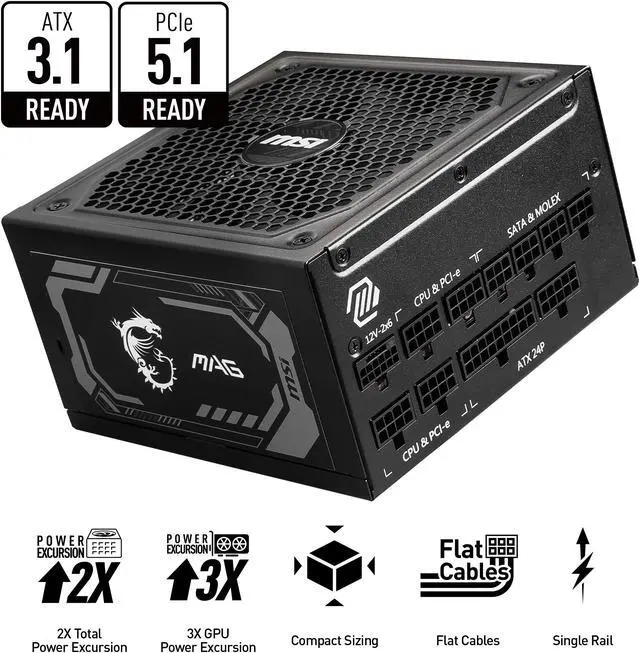 Alt view image 2 of 18 - MSI - MAG A1250GL PCIE 5, 80 GOLD Fully Modular Gaming PSU, 12V-2×6 Cable, ATX 3.1 & PCIE 5.1 Ready, 1250W Power Supply, 10 Year Warranty