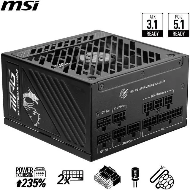 Alt view image 3 of 14 - MSI - MPG A1250GS PCIE5, 80+ Gold Full Modular Gaming PSU, Dual 12V-2x6 Cables, 5090 5080 ATX 3.1 & PCIe 5.1 Ready. Embossed Jacket Cables. 1250W Power Supply, 10 Year Warranty