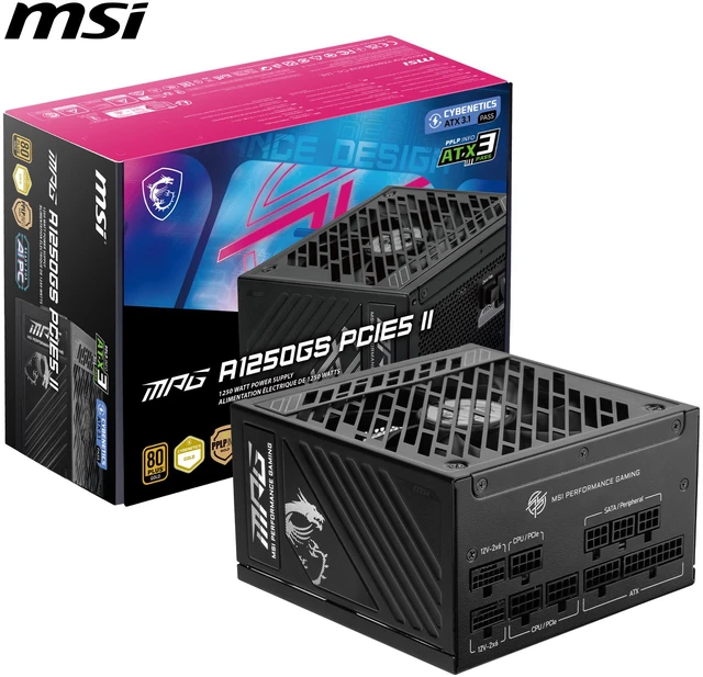 Main image of MSI MPG A1250GS PCIE5 II, Fully Modular Gaming 1250W Power Supply, 80+ Gold, Dual 12V-2x6 Cables, Server-Grade Capacitor, ATX 3.1 & PCIe 5.1 Ready, Low-Noise, 8-pin PCIe x 3, 10 Year Warranty