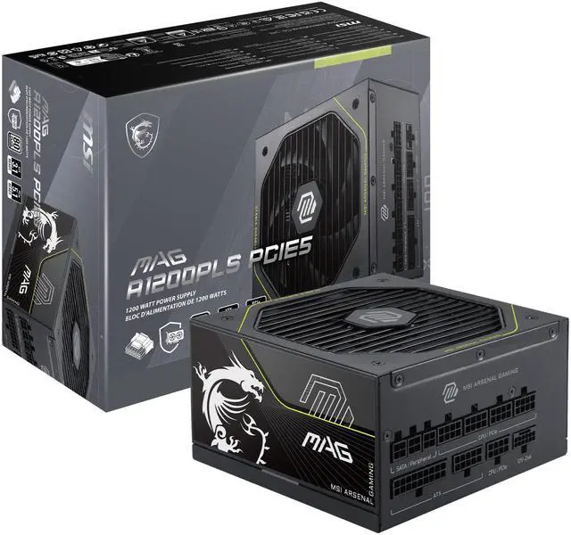 Main image of MSI MAG A1200PLS PCIE5, Fully Modular Gaming 1200W Power Supply, 80+ Platinum, Native 12V-2x6 Cables, GPU Safeguard, 105°C Main Capacitor, Fan Safeguard, ATX 3.1 & PCIe 5.1 Ready, 10 Year Warranty